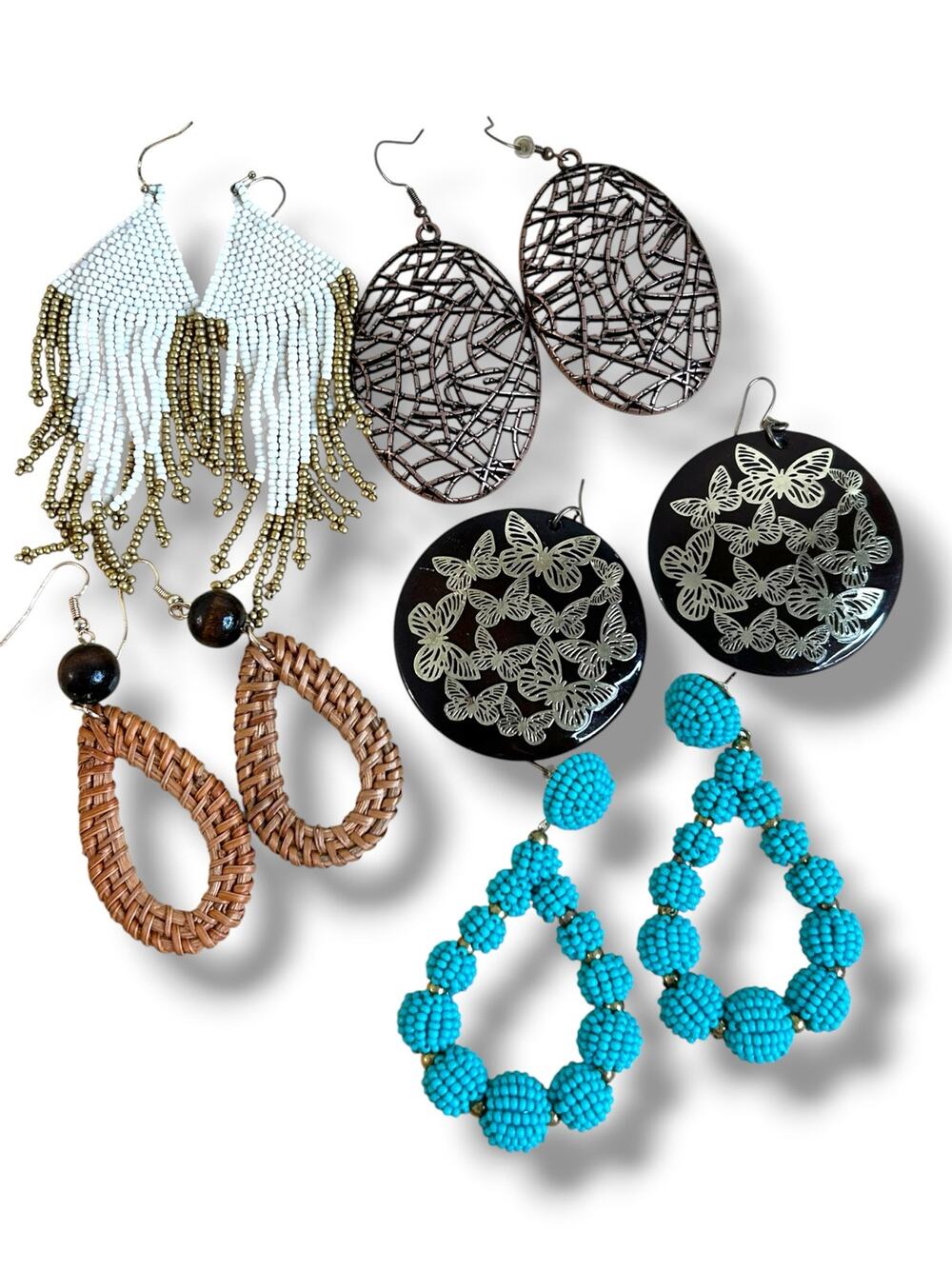 Mixed Lot 5 Pairs Statement Earrings Boho Beaded Rattan Butterfly Fringe Dangle